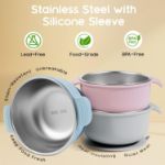 Bella’s Friends Stainless Steel and Silicone Baby Bowls with Suction 3 Pack, 4.3” for Toddlers Kids Feeding, Non-Slip, Non-Toxic, Mess-Free, Dishwasher Safe, Fit High Chair Size,beige green light pink	