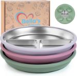 Bella’s Friends Stainless Steel Baby Plates with Suction 3 Pack, 8” Divided Toddler Plates with Removable Silicone Sleeves for Mess-Free Feeding