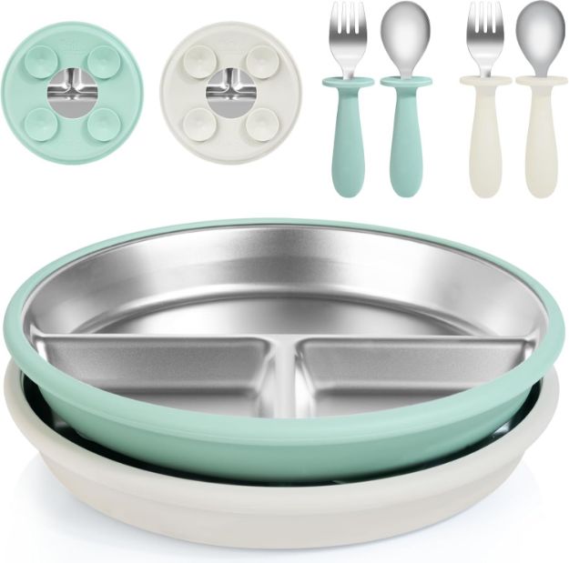 Bella’s Friends Baby Feeding Set, 2 Pack Stainless Steel Divided Plate with Silicone Suction, 2 Set Spoons and Forks, BPA Free, Dishwasher Safe, Baby Led Weaning Supplies
