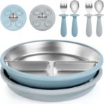 Bella’s Friends Baby Feeding Set, 2 Pack Stainless Steel Divided Plate with Silicone Suction, 2 Set Spoons and Forks, BPA Free, Dishwasher Safe, Baby Led Weaning Supplies