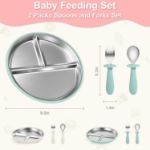 Bella’s Friends Baby Feeding Set, 2 Pack Stainless Steel Divided Plate with Silicone Suction, 2 Set Spoons and Forks, BPA Free, Dishwasher Safe, Baby Led Weaning Supplies